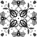 Abstract tile ornament. Black silhouette on a white background - beetles, insects, nature. Seamless pattern.